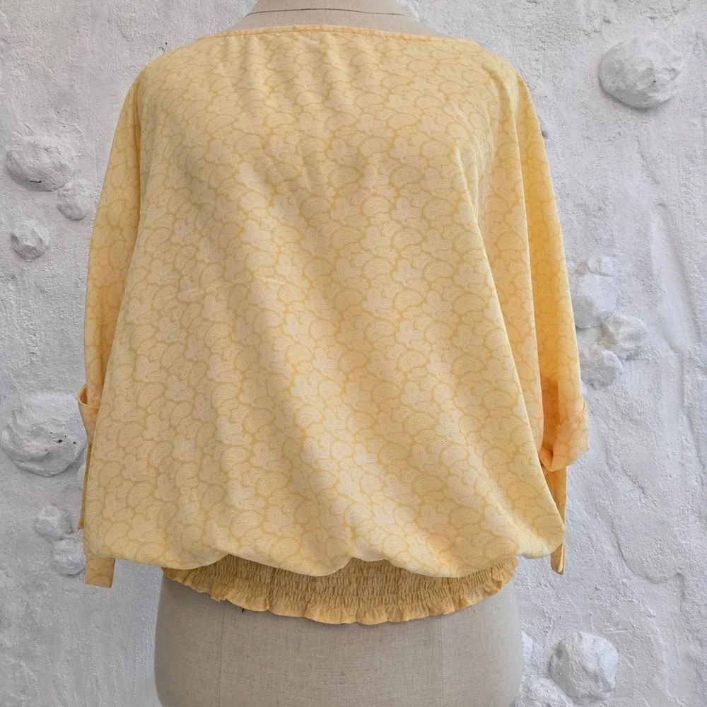 Michael Kors Yellow Paisley Blouson Top Boat Neck Grommet Tie Sleeve Blouse